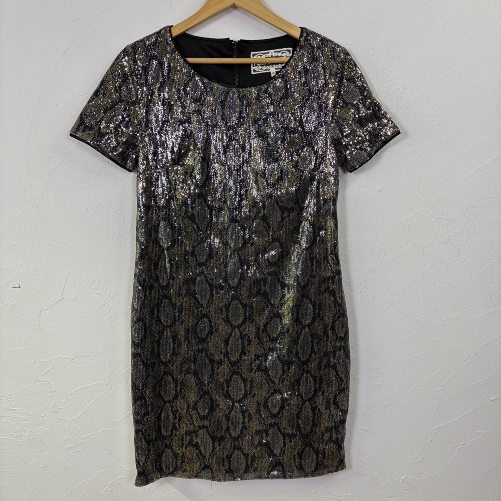 Pink Martini Dress Womens Small Sequin Snakeskin Mini Short Sleeve Party Glam